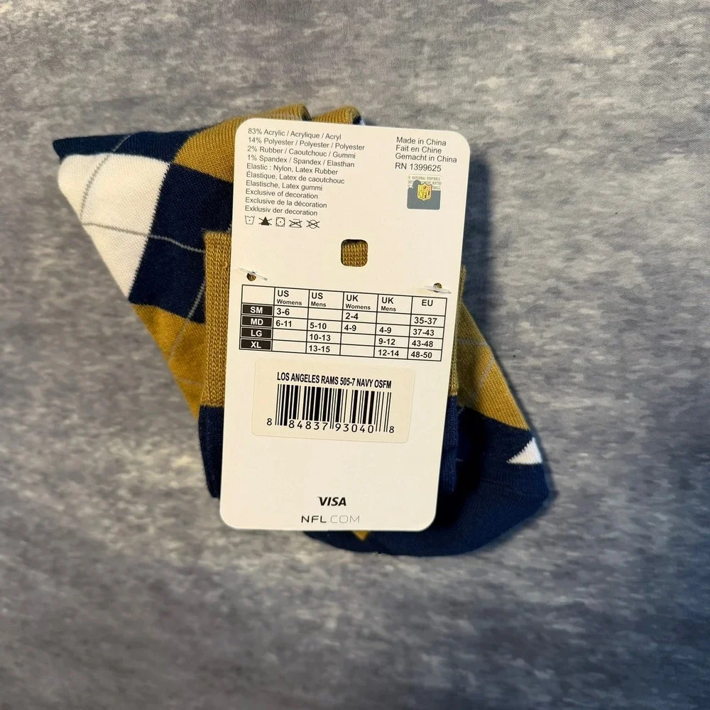 NFL Team Apparel Los Angeles Rams Argyle Crew Socks Navy Gold‎ White OSFM New